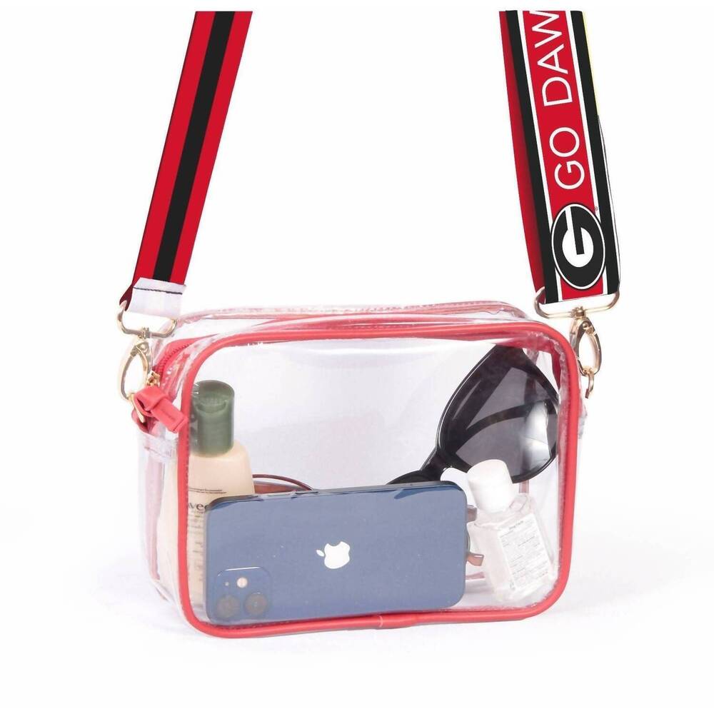 NEW DESDEN bridget clear purse with reversible patterned shoulder straps in geor
